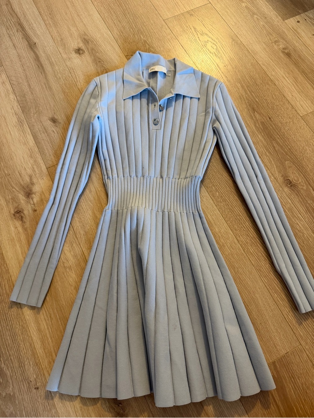Tory Burch Light Blue/grey Ribbed Pleated Long-Sleeve Dress